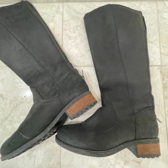UGG {6.5} Boots Seldon Tall Black Leather Riding Boot Rear Zipper - Picture 3 of 7